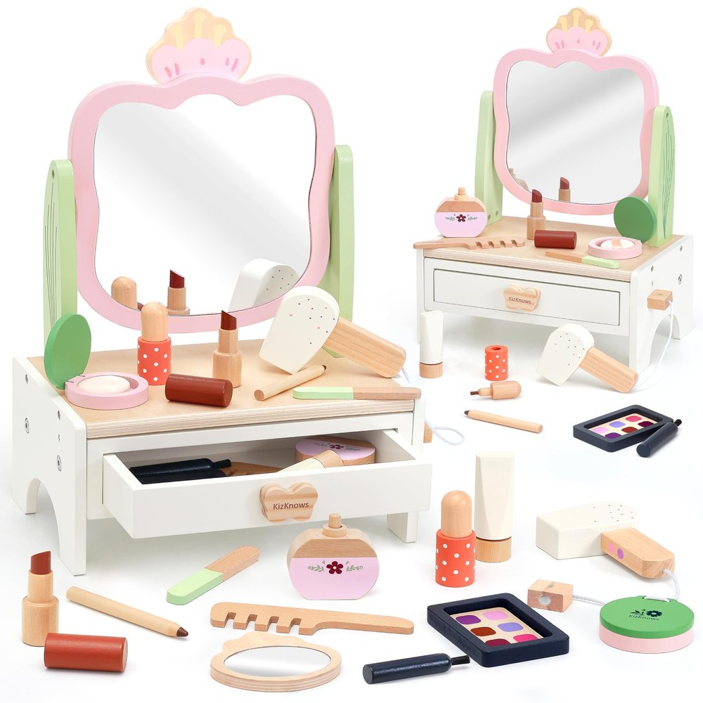 KizKnows Wooden Vanity Set for Kids Pretend Play Makeup Toy Set with Rotatable Mirror Toddler Beauty Salon Play Set with Makeup Accessories Gifts for Little Girls Age 3+ (Pink)