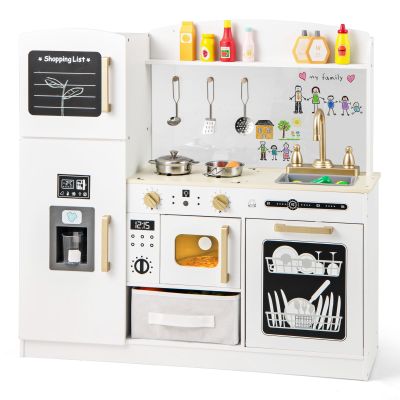 HONEY JOY Kids Kitchen Playset, Wooden Toy Kitchen Set with Lights & Sounds, Microwave, Ice Maker, Storage Box, Interactive Little Chef Pretend Play Kitchen for Toddlers, Gift for Boys Girls (White)