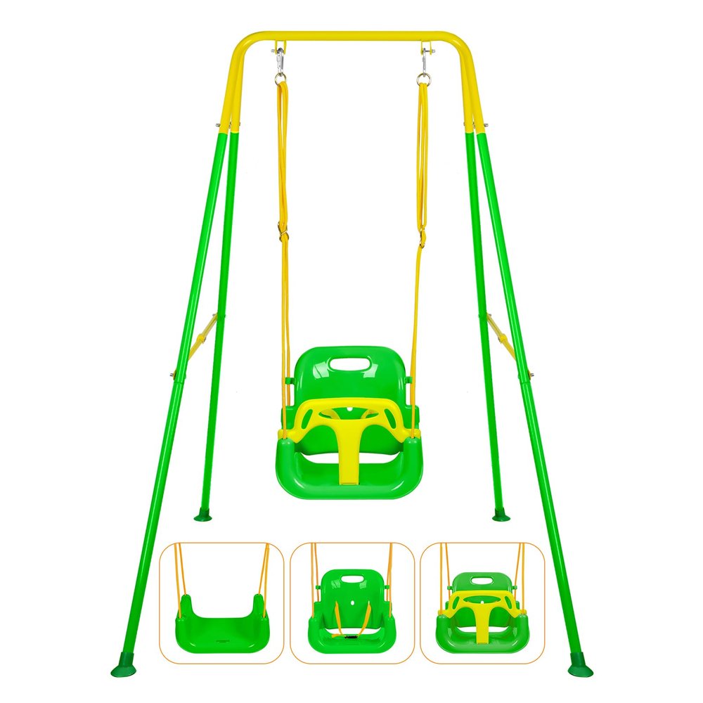 3-in-1 Toddler Swing Set, Foldable Baby Swing with Stand, Indoor & Outdoor Kids Swings Sets, Multifunctional Swings for Home Backyard, Easy to Install and Store (Green)