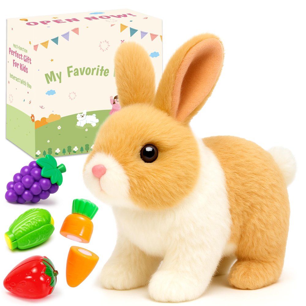 Easfan Walking Rabbit Interactive Electronic Pet Plush Bunny Toy Twitching Mouth and Nose Hoping Rabbit Ears Moving Educational Plush Toy Easter Birthday Gifts for Kids Girls, 7''