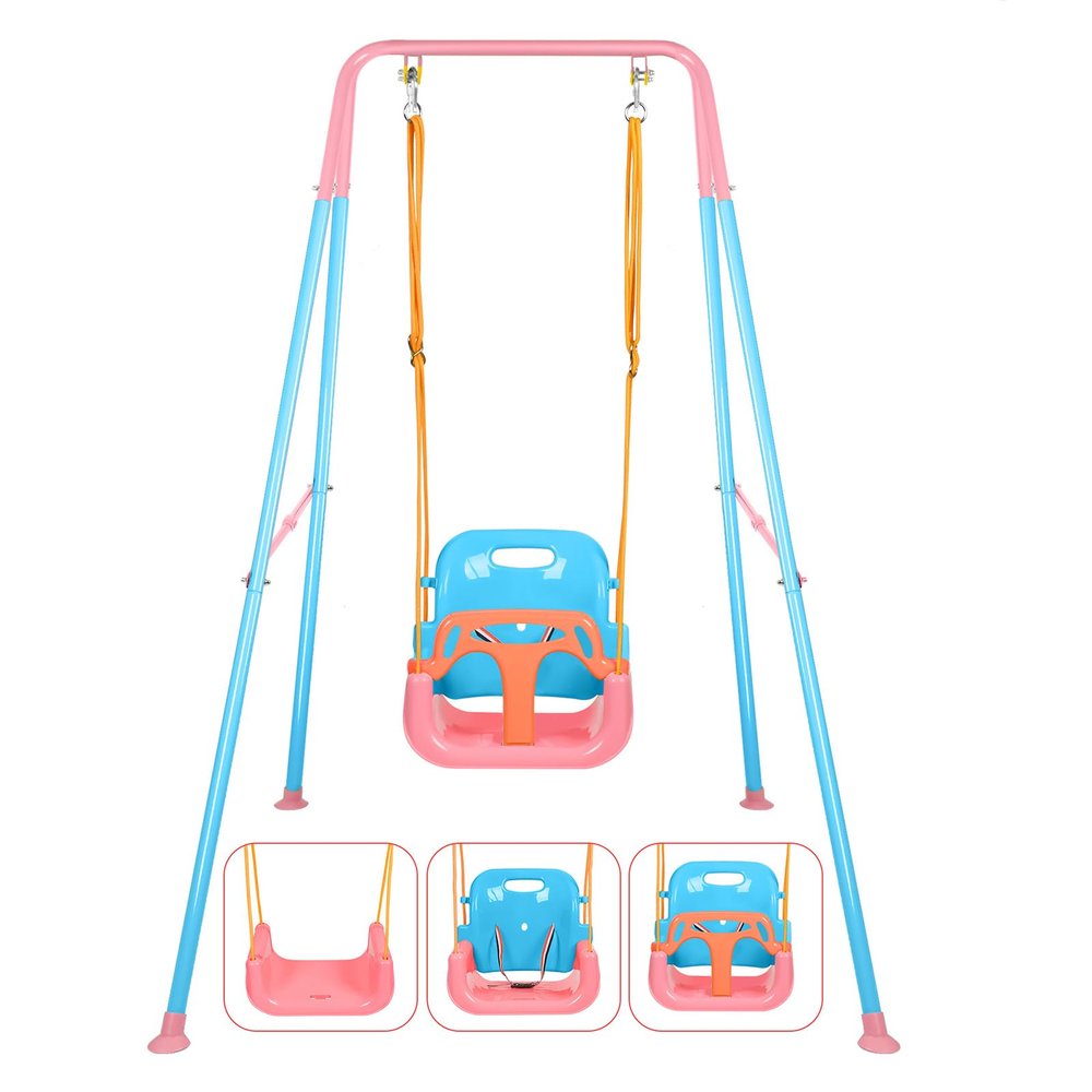 3-in-1 Toddler Swing Set, Foldable Baby Swing with Stand, Indoor & Outdoor Kids Swings Sets, Multifunctional Swings for Home Backyard, Easy to Install and Store (Blue Pink)
