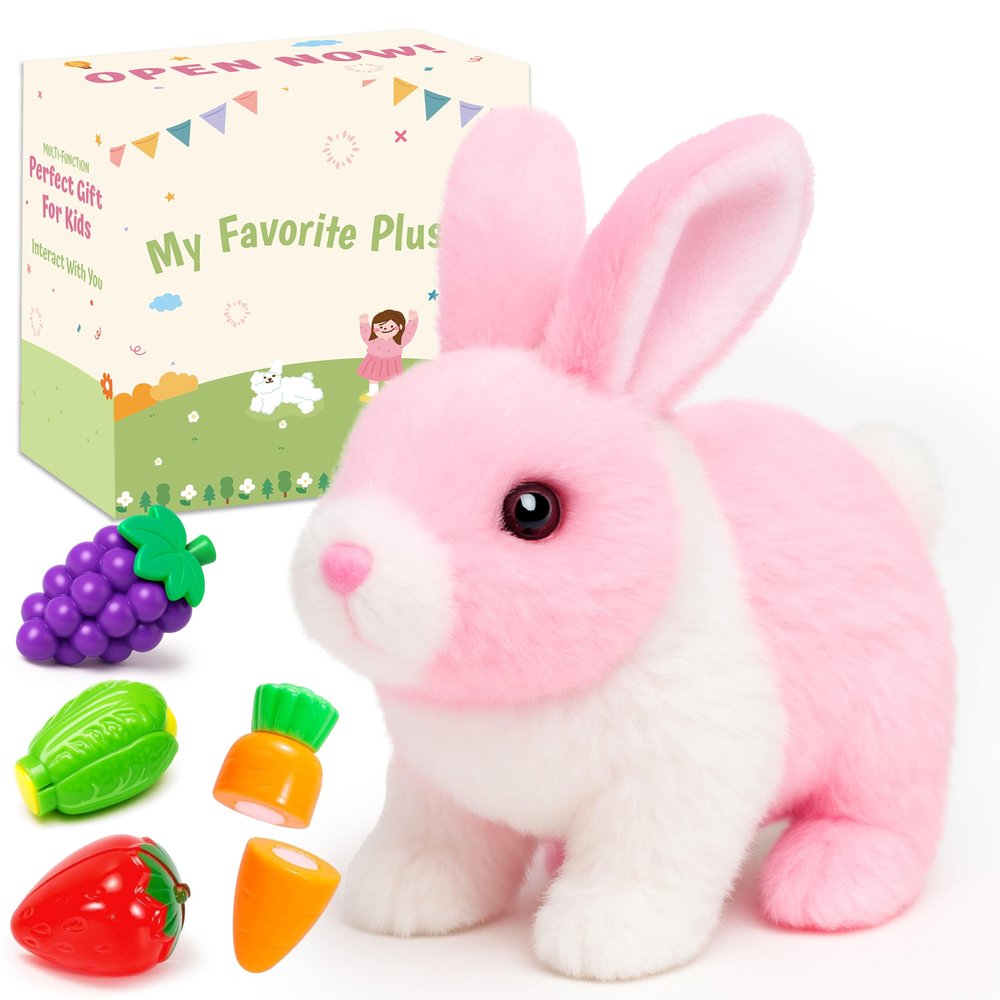 Easfan Walking Rabbit Interactive Electronic Pet Plush Bunny Toy with Sounds and Movements Hoping Rabbit Ears Moving Educational Plush Toy Easter Birthday Gifts for Kids Girls, 7'',White-Pink
