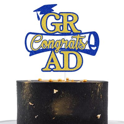 Congrats Grad Cake Topper, Congratulations/Mastered It, So Proud of You, 2025 High School University Gradaution Party Decorations Blue and Gold Glitter