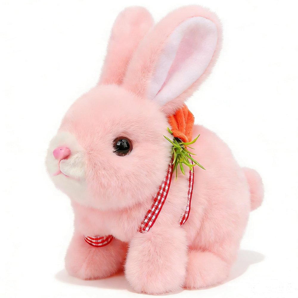 Easfan Walking Pink Rabbit Interactive Electronic Pet Plush Bunny Toy with Sounds Hopping Rabbit Ears Moving Educational Plush Toy Easter Birthday Gifts for Kids Girls, 7''