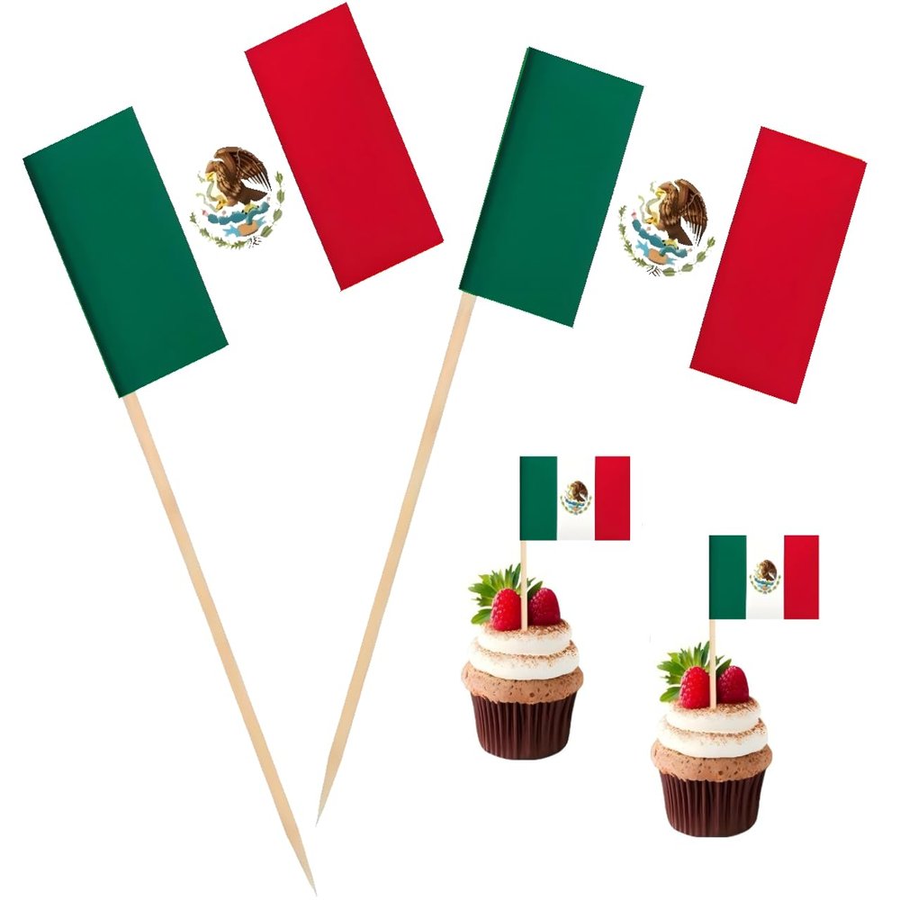 100 Pcs Mexico Flag Mexican Toothpick Flags, Cocktail Picks Mini Stick Cupcake Toppers Country Picks Party Decoration Celebration Cocktail Food Bar Cake Flags