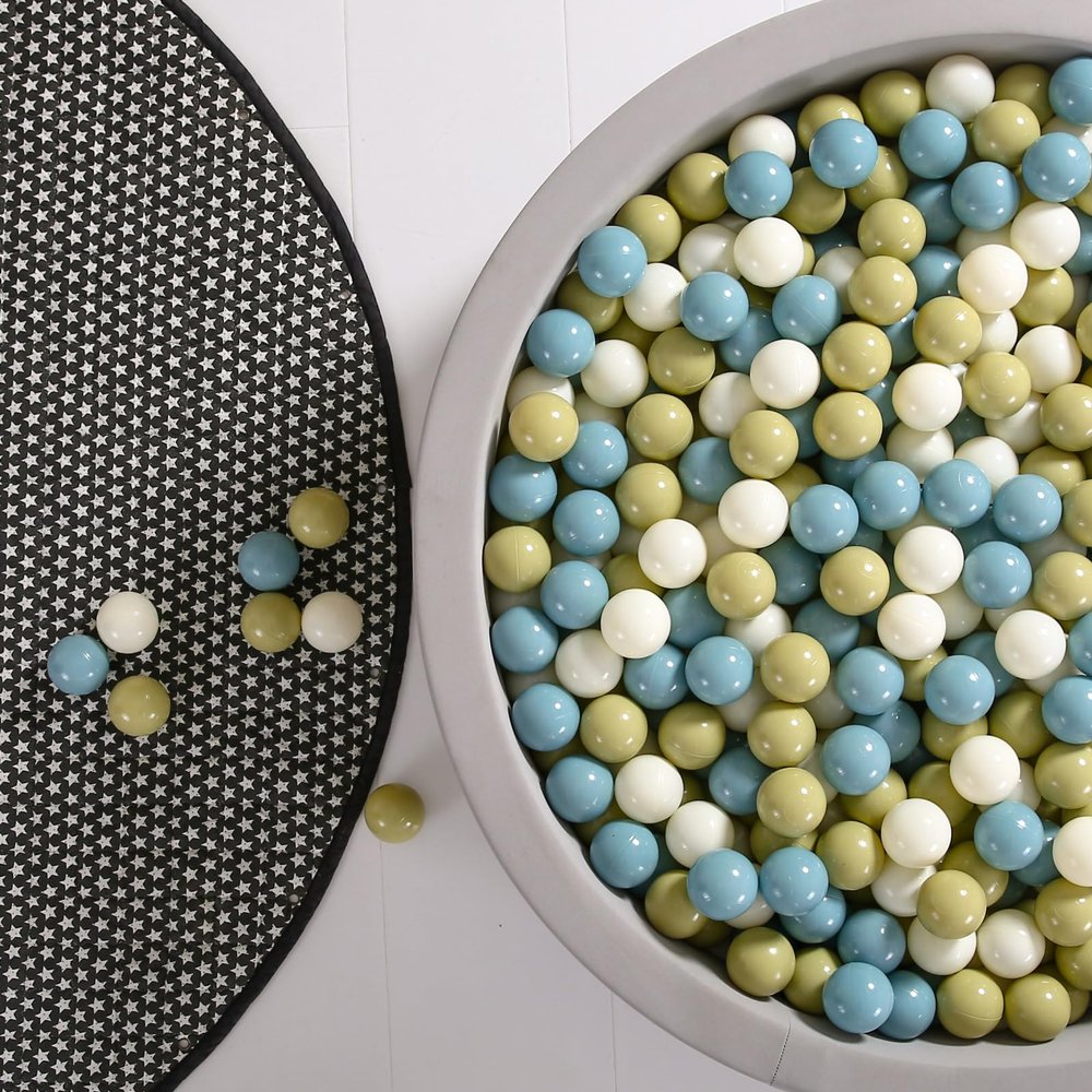 GOGOSO Cream Ball Pit Balls 100 Balls, 2.2 Inch Ball Pool Balls for Baby Fun Toys, Different Shaped for Toddler Ball Pit, Boys Girl Kids Birthday, Tent,Slides, Sage Green-Blue Blend