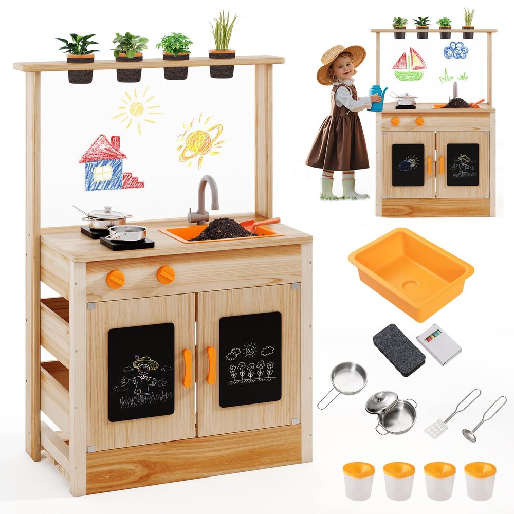 HONEY JOY Mud Kitchen, Fir Wood Outdoor Play Kitchen for Toddlers, 4 Planting Cups, Cookware, Faucet & Sink, DIY Acrylic Board & Blackboard, Storage, Mud Table, Mud Kitchen for Kids Outdoors, Natural