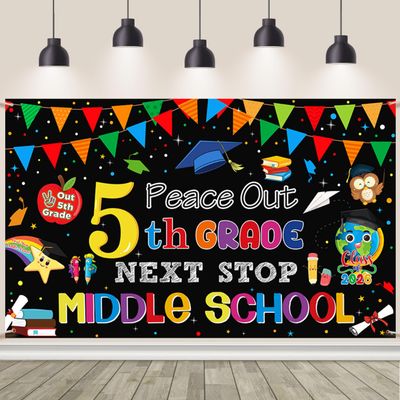 AIBIIN 5th Grade Graduation Backdrop Banner Peace Out 5TH Grade Next Stop Middle School Backdrop 5th Grade Graduation Party Decor Elementary School Classroom Banner 70.8 x 43.3 inch Black