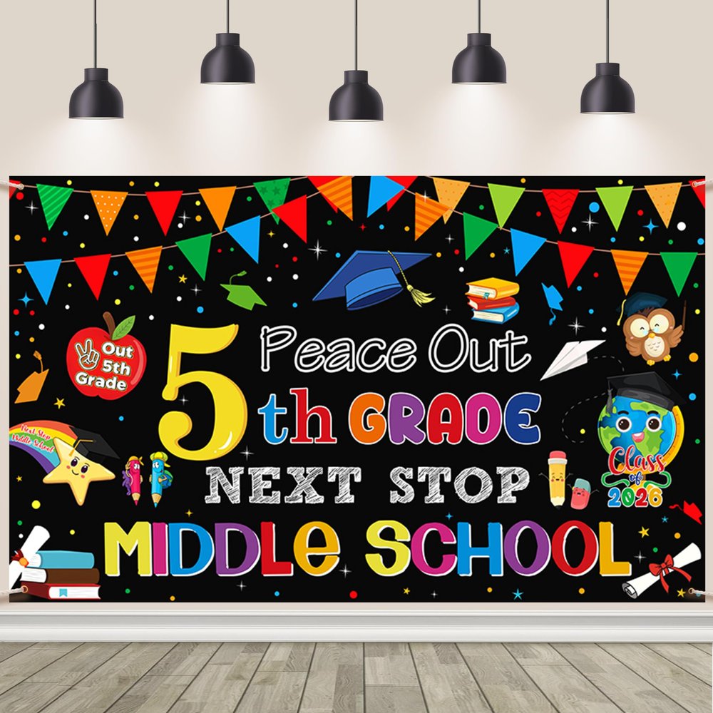 AIBIIN 5th Grade Graduation Backdrop Banner Peace Out 5TH Grade Next Stop Middle School Backdrop 5th Grade Graduation Party Decor Elementary School Classroom Banner 70.8 x 43.3 inch Black