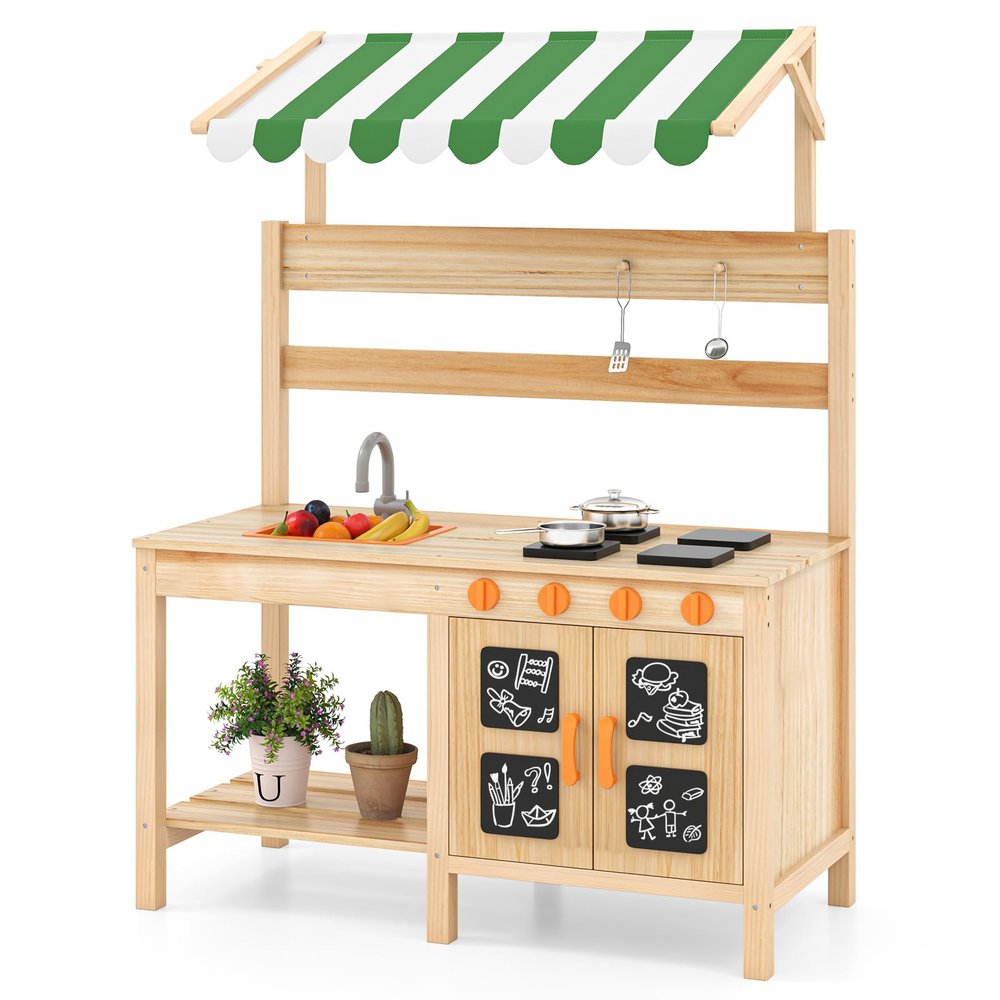 HONEY JOY Mud Kitchen with Canopy, Fir Wood Outdoor Play Kitchen for Toddlers, Faucet & Sink, Blackboard, Cookware, Storage, Mud Table, Mud Kitchen for Kids Outdoors Backyard, Natural (Green Canopy)