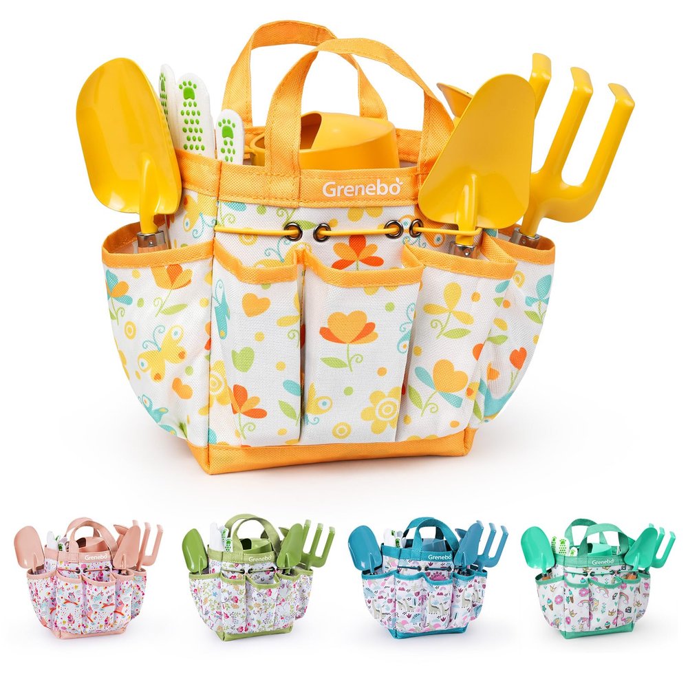 Grenebo Kids Gardening Set Toys,Includes Metal Trowel,Transplanting Shovel,Garden hat,Rake,Apron,Gloves,Watering Can,and Tool Organizer Bag (Yellow)