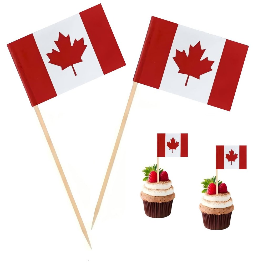 100 Pcs Canada Flag Canadian Toothpick Flags, Cocktail Picks Mini Stick Cupcake Toppers Country Picks Party Decoration Celebration Cocktail Food Bar Cake Flags 