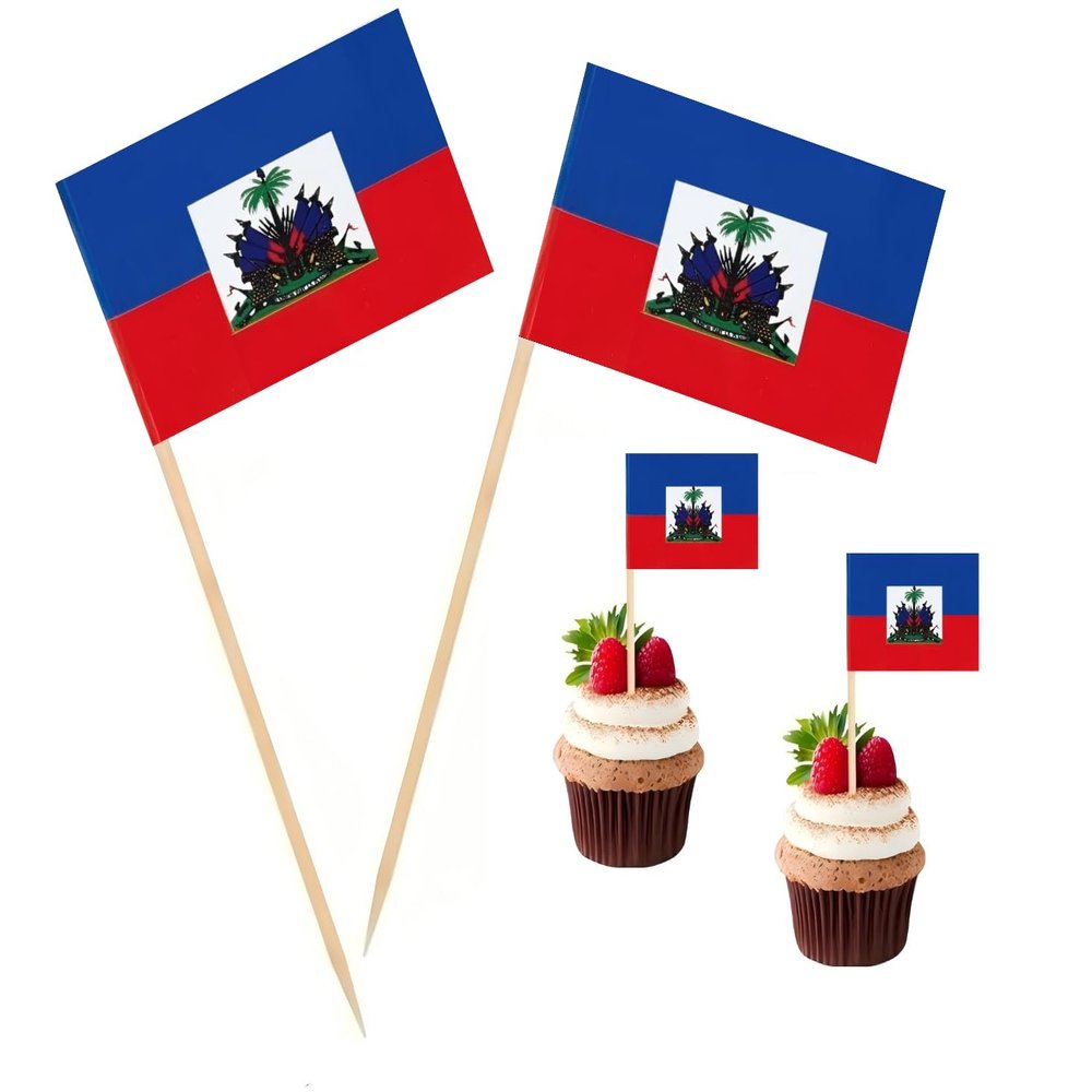 100 Pcs Haiti Flag Haitian Toothpick Flags, Cocktail Picks Mini Stick Cupcake Toppers Country Picks Party Decoration Celebration Cocktail Food Bar Cake Flags