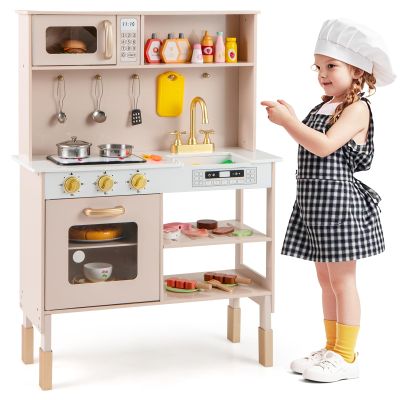 HONEY JOY Kids Kitchen Playset, Wooden Play Kitchen for Toddlers, Microwave, Range Hood, Ice Maker, 18 Cooking Accessories, Little Chef Pretend Play Toy Kitchen Set, Gift for Boys Girls, Golden