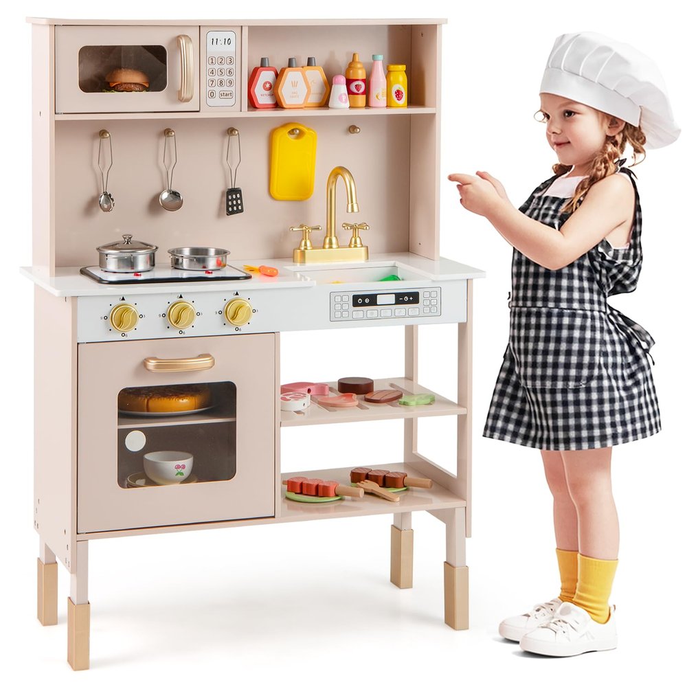 HONEY JOY Kids Kitchen Playset, Wooden Play Kitchen for Toddlers, Microwave, Range Hood, Ice Maker, 18 Cooking Accessories, Little Chef Pretend Play Toy Kitchen Set, Gift for Boys Girls, Golden