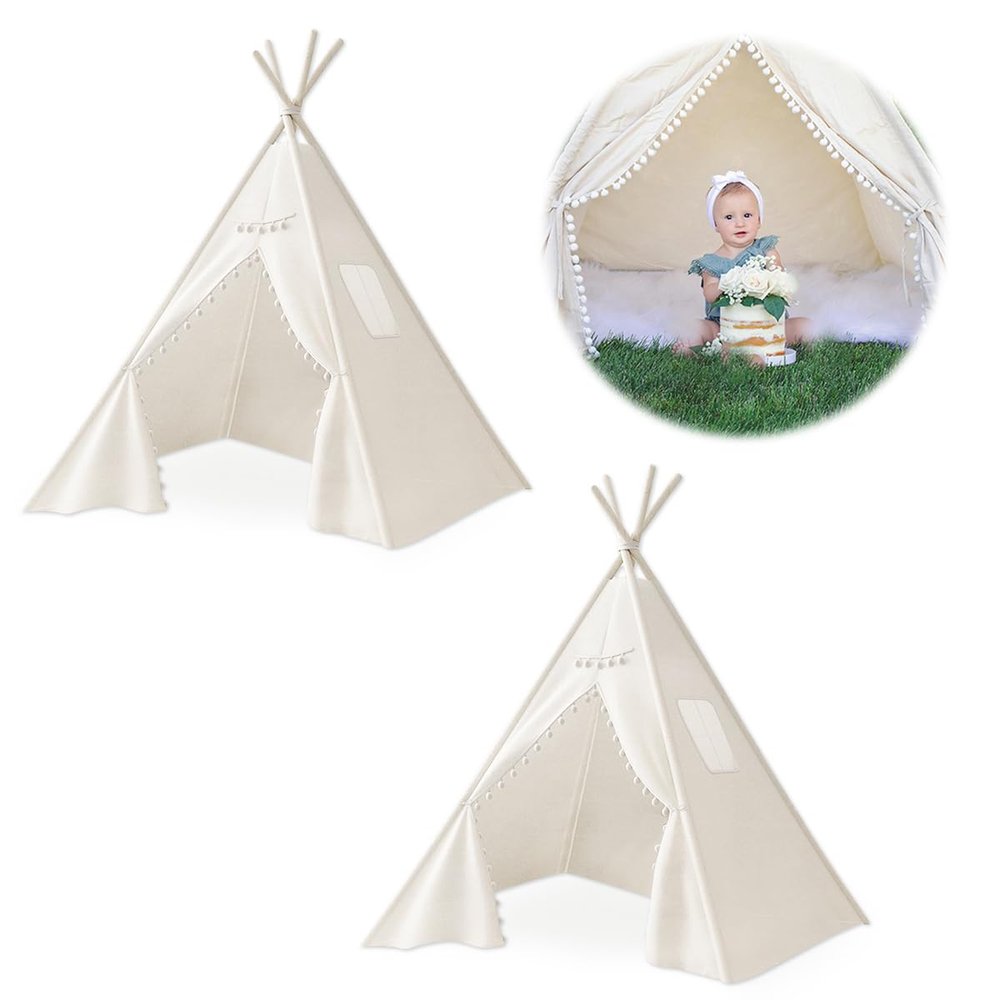 2 PCS Teepee Tent for Kids,Washable Tapered Kids Teepee Tent,Bohemian Teepee Tents,White Collapsible Sleepover Tents,for Boys and Girls Sleepover Pajamas Party Birthday SPA