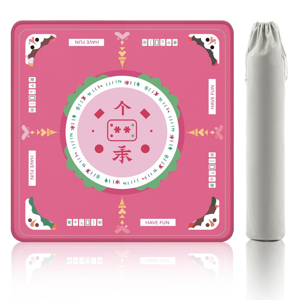 2F22E Mahjong Table Mat for American Mahjong, Neoprene Non-Slip Noise Reduction Mat with Printed Rules, 32.4 x 32.4 Inch Pink Table Cover for Poker, Cards & Board Games