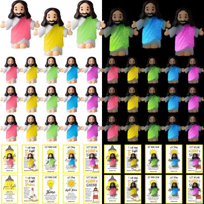 CroBlissful 30 Sets Mini Jesus Figurines Bulk Glow in The Dark with Let Your Light Shine Cards Jesus Figures Toys for Christian Sunday School Religious Gifts Easter Egg Stuffers(Open Your Arms)