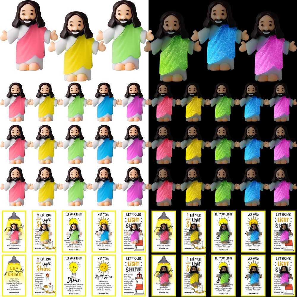 CroBlissful 30 Sets Mini Jesus Figurines Bulk Glow in The Dark with Let Your Light Shine Cards Jesus Figures Toys for Christian Sunday School Religious Gifts Easter Egg Stuffers(Open Your Arms)