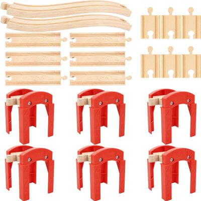 20 Pack Wooden Train Track Bridge Include 6 Train Track Bridge Support 12 Straight Track 2 Ascending Tracks Wood Track Pieces Compatible with Most Train Tracks