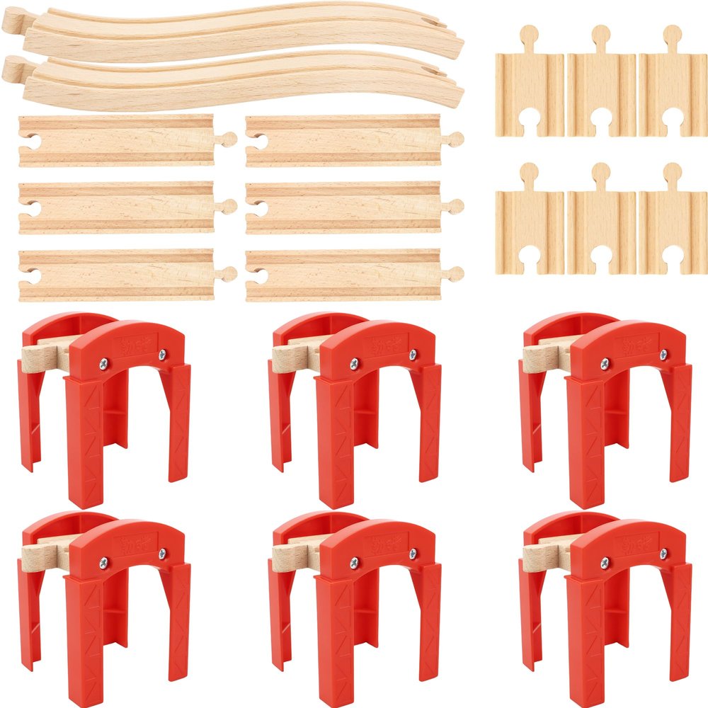 20 Pack Wooden Train Track Bridge Include 6 Train Track Bridge Support 12 Straight Track 2 Ascending Tracks Wood Track Pieces Compatible with Most Train Tracks