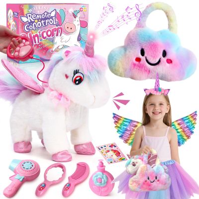 TUZT Walking Talking Remote Control Unicorn Toy for Girl Age 4-6, Electronic Interactive Plush Unicorn with Leash & Costume, Pretend Play Pet Care Toy Birthday Gift for Toddler Kid Girl Age 3 4 5 6 7