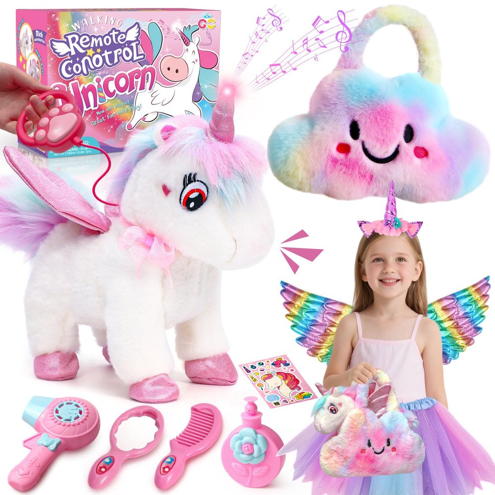 TUZT Walking Talking Remote Control Unicorn Toy for Girl Age 4-6, Electronic Interactive Plush Unicorn with Leash & Costume, Pretend Play Pet Care Toy Birthday Gift for Toddler Kid Girl Age 3 4 5 6 7