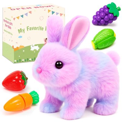 Easfan Walking Rabbit with Carrot nteractive Electronic Pet Plush Bunny Toy with Sounds and Movements Hoping Rabbit Ears Moving Educational Plush Toy Easter Birthday Gifts for Kids Girls, 7'',Rainbow