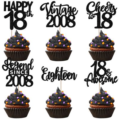 24PCS Black 18th Birthday Cupcake Toppers Eighteen Happy 18 Vintage 2008 Cupcake Picks Cheers to 18 Lengend Since 2008 Cake Decorations for 18th Birthday Anniversary Party Supplies
