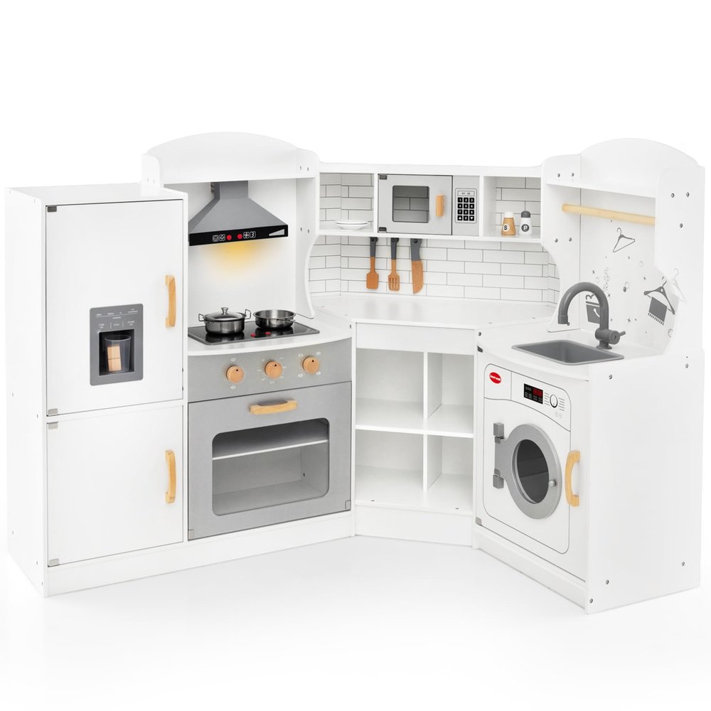 KOTEK Corner Play Kitchen, Wooden Kids Toy Kitchen w/Sound & Light, Range Hood, Ice Maker, Washing Machine, Microwave, Oven, Sink, Chef Suit, Interactive Kitchen Playset for Toddlers (White)