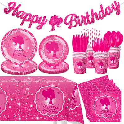 162PCS Hot Pink Happy Birthday Party Supplies Set, Paper Plates, Cups, Napkins, Utensils, Tablecloth, Serves 20