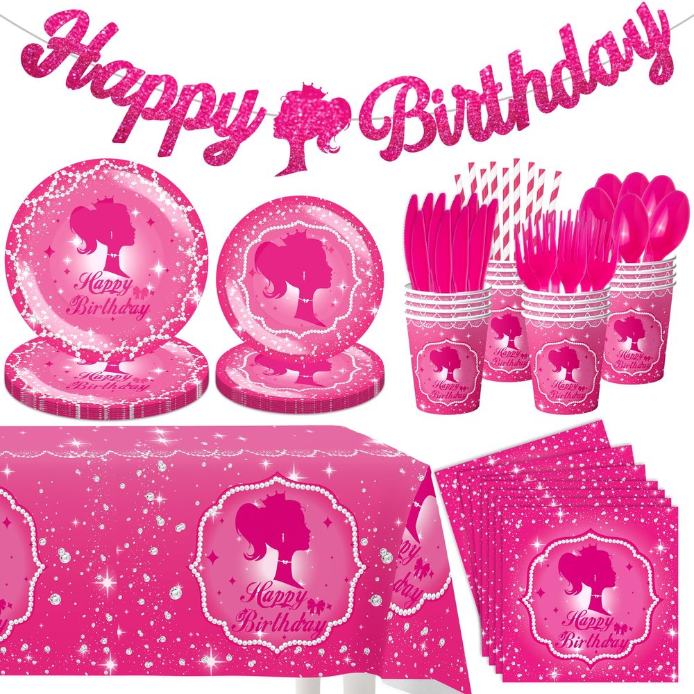 162PCS Hot Pink Happy Birthday Party Supplies Set, Paper Plates, Cups, Napkins, Utensils, Tablecloth, Serves 20