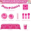 162PCS Hot Pink Happy Birthday Party Supplies Set, Paper Plates, Cups, Napkins, Utensils, Tablecloth, Serves 20 view 2
