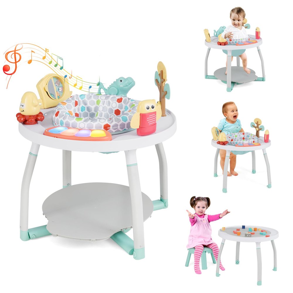HONEY JOY Baby Activity Center, 5 in 1 Infant Jumper & Standing Play Table w/ 360 Rotary Seat, 6 Toys, 3 Adjustable Heights, Lights, Music & Sounds, Activity Center for Babies 6-36 Months (White)