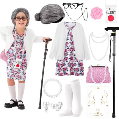 100 Days of School Old Lady Costume Set with Granny Dress Cardigan Old Lady Wig Glasses Grandma Dress Up Outfits 13Pcs (White M) 100day-C-WhiteCamellia-M