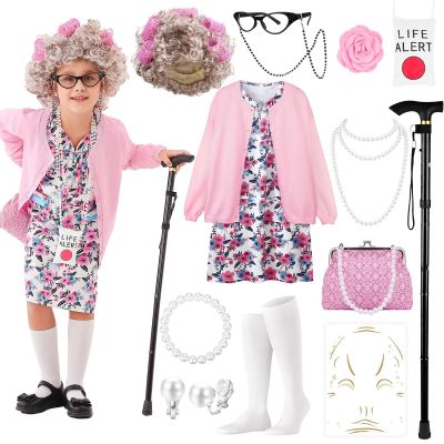 100 Days of School Old Lady Costume Set with Granny Dress Cardigan Old Lady Wig Glasses Grandma Dress Up Outfits 13Pcs (Pink M) 100day-C-PinkCamellia-M