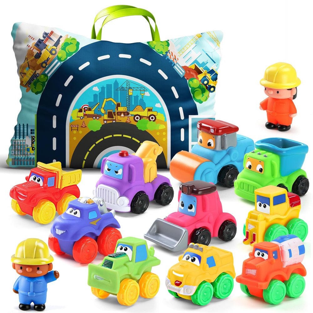 ALASOU 12 PCS Soft Rubber Car Toys for 1 Year Old Boy with Playmat/Storage Bag|Baby Toys 1 Year Old Boy Gifts for Toddler Toys 1-2|1st Birthday Gift for Infant 12 18 Months