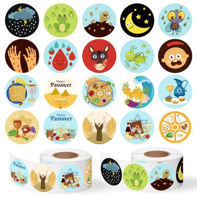 1000Pcs Passover Stickers Roll Ten Plagues of Egypt Pesach Matzo Seder Plate Self Adhesive Label Decorations for Jewish Festival Chag Sameach Holiday DIY Art Crafts Decor Party Favors Gift, 20 Designs