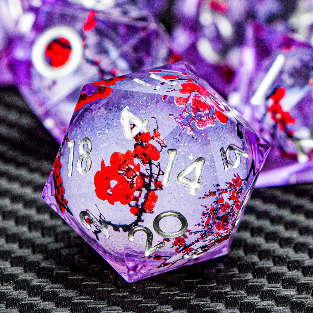 ARUOHHA DND Resin Dice Plum Blossom Liquid Core Silver Purple Sharp Edged Polyhedral Dragons Dice Set with Gift Box, Dungeons D and D Dice Compatible with D&D Role Playing Game D20 D12 D8 D6 D4