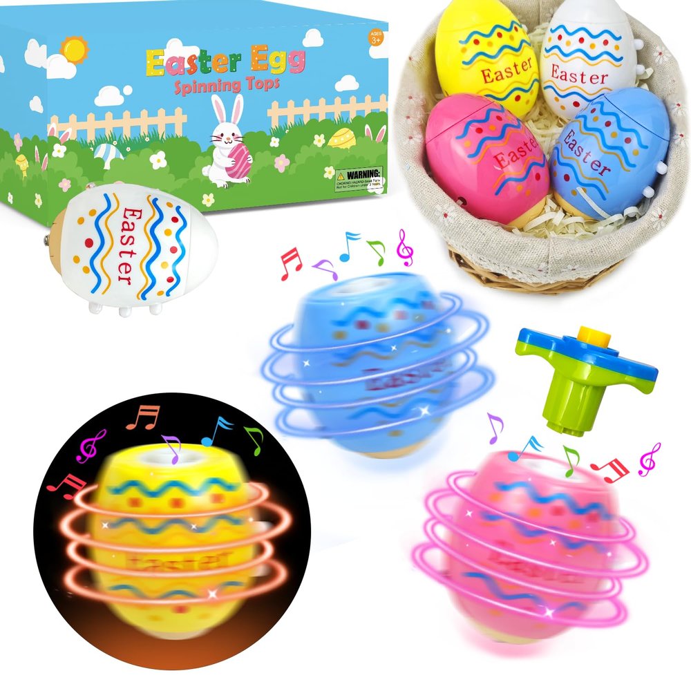 Easter Party Favors Basket Stuffers for Toddler Boys Girls,12 Pack Light up Spinning Tops Toys with Music, Easter Egg Hunt Supplies Goodie Treat Bag Pinata Fillers Classroom Prize Gift Stuff for Kids