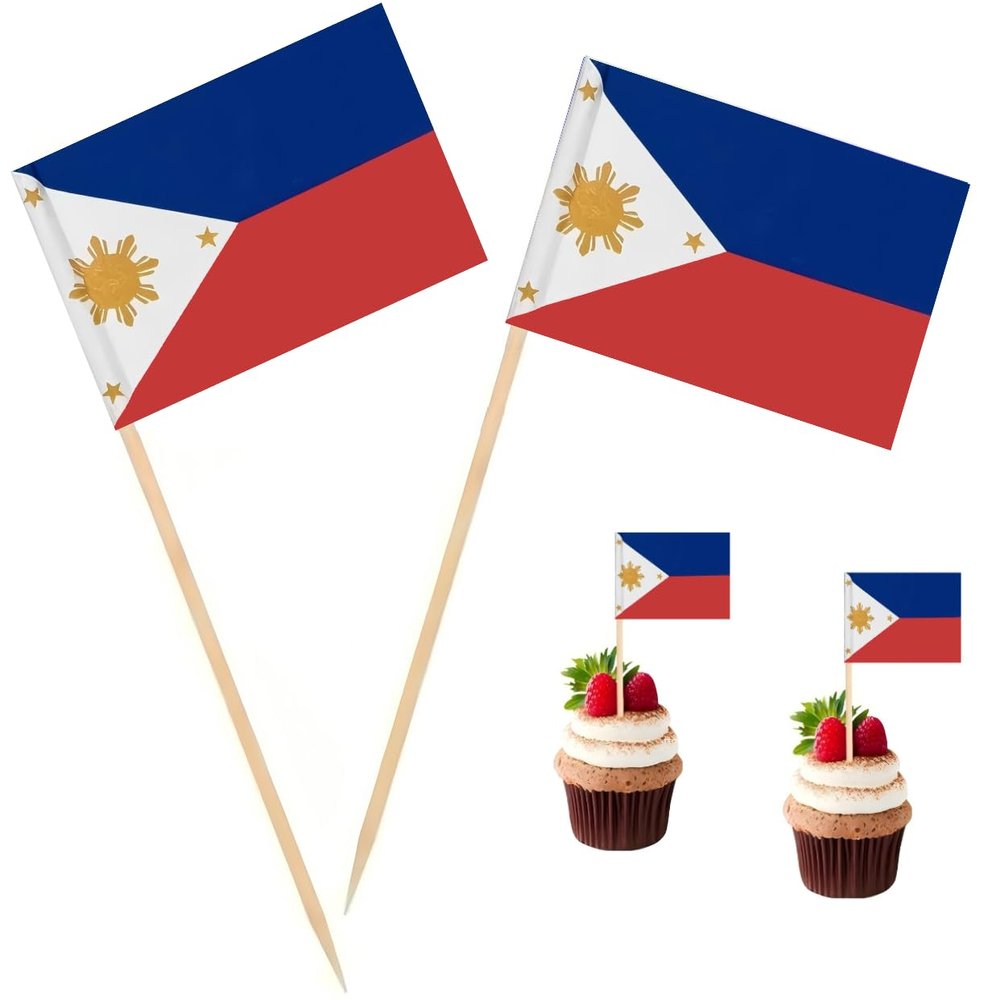 100 Pcs Philippines Flag Filipino Toothpick Flags, Cocktail Picks Mini Stick Cupcake Toppers Country Picks Party Decoration Celebration Cocktail Food Bar Cake Flags 