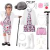 100 Days of School Old Lady Costume Set with Granny Dress Cardigan Old Lady Wig Glasses Grandma Dress Up Outfits 13Pcs (White L) 100day-C-WhiteCamellia-L view 1