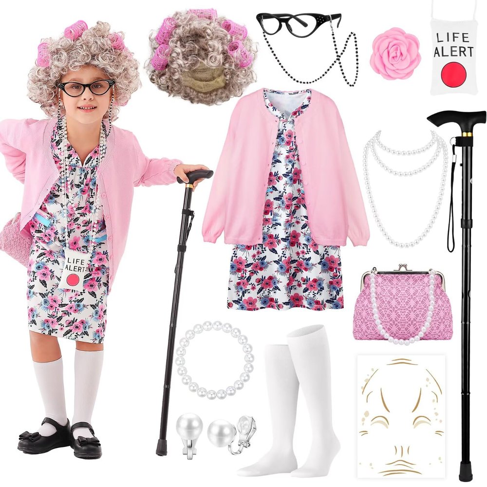 100 Days of School Old Lady Costume Set with Granny Dress Cardigan Old Lady Wig Glasses Grandma Dress Up Outfits 13Pcs (Pink L) 100day-C-PinkCamellia-L