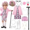 100 Days of School Old Lady Costume Set with Granny Dress Cardigan Old Lady Wig Glasses Grandma Dress Up Outfits 13Pcs (Pink L) 100day-C-PinkCamellia-L view 1