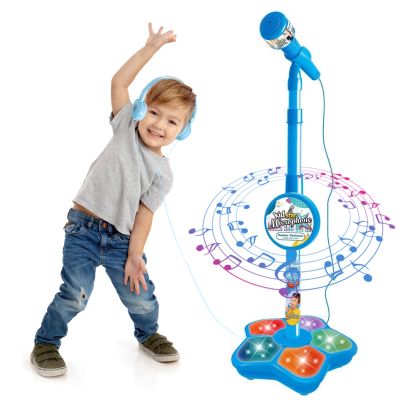 Kids Karaoke Machine with Adjustable Microphone Stand for Kids Standing Mic for Portable Singing Retractable Headset for Music & Sing-Along Flashing Stage Light Base for Aged 3-6 Boys Girls (Blue)