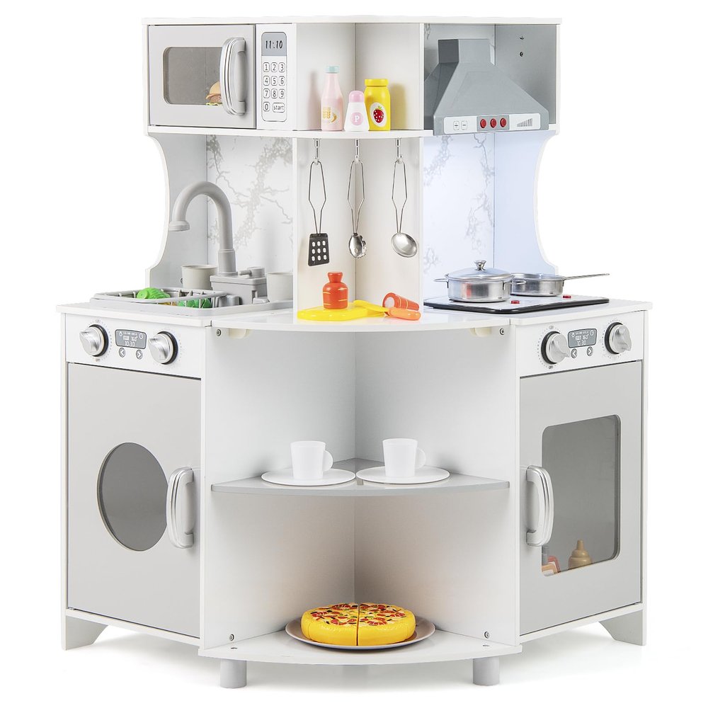 Costzon Corner Play Kitchen, Wooden Kids Kitchen Playset w/Water Circulation, Real Light & Sound, Microwave, Range Hood, Stove, Oven, Toy Kitchen Set for Kids Toddlers, Gift for Boys Girls 3+ (Grey)