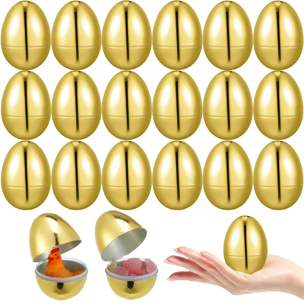 20pcs Golden Easter Eggs, 2.4in Fillable Egg Plastic Eggs Bulk Easter Decorations for DIY Crafts Party Basket Fillers Photo Props Egg Hunt