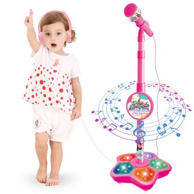 Kids Karaoke Machine with Adjustable Microphone Stand for Kids Standing Mic for Portable Singing Retractable Headset for Music & Sing-Along Flashing Stage Light Base for Aged 3-6 Boys Girls (Pink)