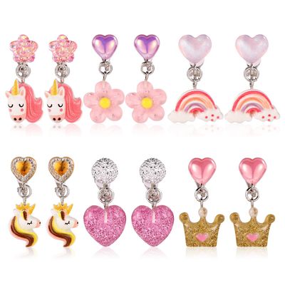 6 Pairs Clip On Drop Earrings, Colorful Non-Pierced Clip On Earrings Resin Rainbow Crown Flower Heart Clip On Earrings Ear Clips for Girls Kids Toddler Dress Up Princess Jewelry Accessories