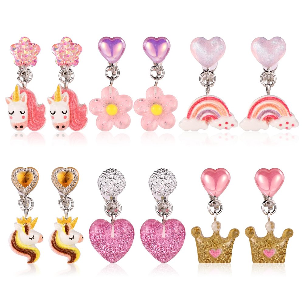 6 Pairs Clip On Drop Earrings, Colorful Non-Pierced Clip On Earrings Resin Rainbow Crown Flower Heart Clip On Earrings Ear Clips for Girls Kids Toddler Dress Up Princess Jewelry Accessories